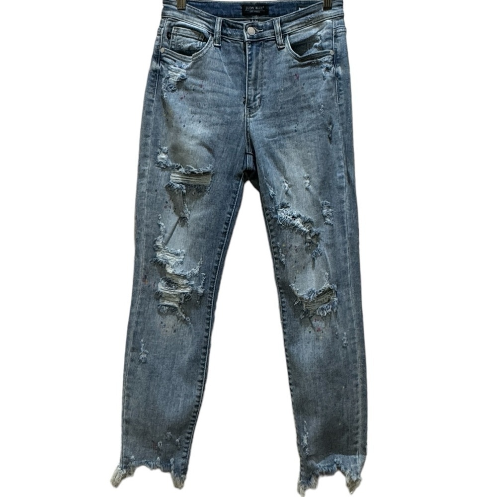 Judy Blue Boyfriend Fit Paint Splatter Distressed Jeans size 3 waist 26 EUC